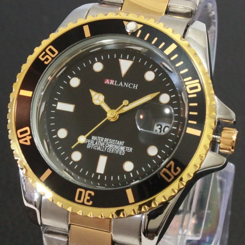 Men's Diver Style Watch Black Bezel Silver Gold Tone 40mm - Picture 10 of 14